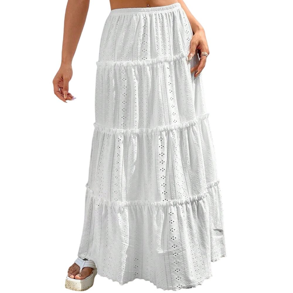 SHEIN Eyelet Lace White Ruffle Tiered Maxi Cottage Cottagecore Skirt - Sz Small